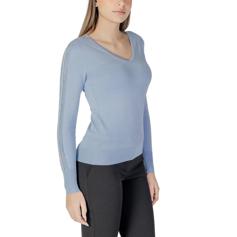 Morgan de toi pull en viscose bleue à manches longues pour femme top avec des ornements subtils aux manches et un décolleté en V