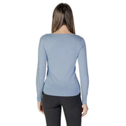 Morgan De Toi pull en viscose bleu clair à manches longues pour femme top avec des empiècements en résille transparente sur les manches