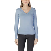 Morgan de toi Pull en maille viscose bleu clair à col en V pour femme, composé d'un pull doux à manches longues et col en V, à la texture tricotée lisse.