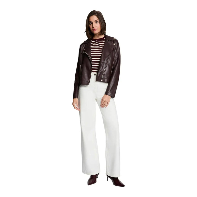 Morgan De Toi women bordeaux blazer synthetic leather featuring a dark brown leather moto jacket with silver zippers and buttons