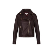 Morgan de toi women bordeaux blazer synthetic leather dark brown faux leather biker jacket with gold-tone zippers and buttons