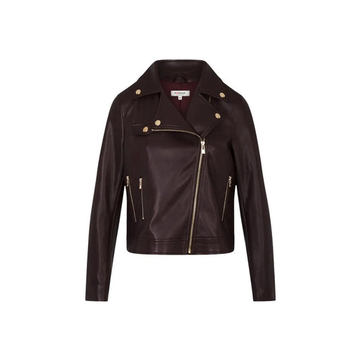 Morgan de toi Blazer bordeaux pour femme, veste de motard en similicuir marron foncé avec fermetures éclair et boutons dorés