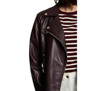 Morgan De Toi women bordeaux blazer synthetic leather jacket with dark brown moto style and silver snap buttons