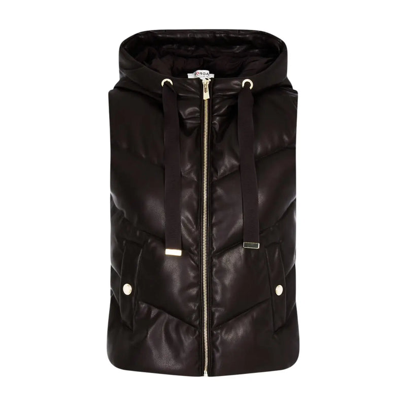 Morgan De Toi Gilet sans manches à capuche en similicuir marron pour femme, avec empiècement matelassé noir sur le devant, fermeture éclair centrale et poches à boutons argentés.
