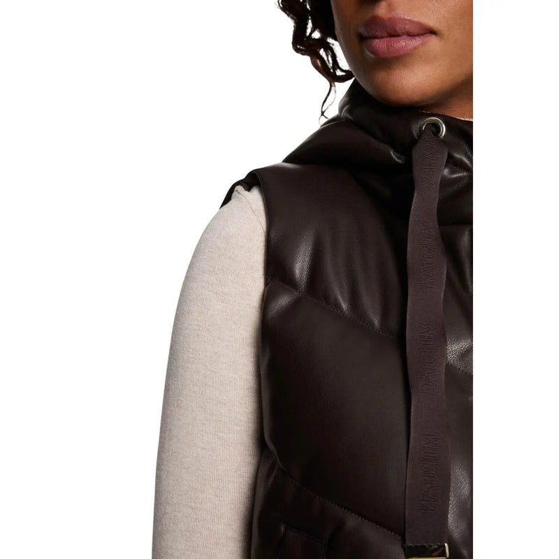Morgan De Toi Gilet sans manches à capuche en similicuir matelassé marron pour femme, avec cordon de serrage griffé et finition marron foncé