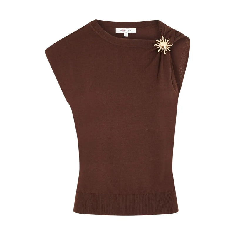 Morgan De Toi pull sans manches marron pour femme top avec une broche soleil dorée sur l'épaule en tissu tricoté doux