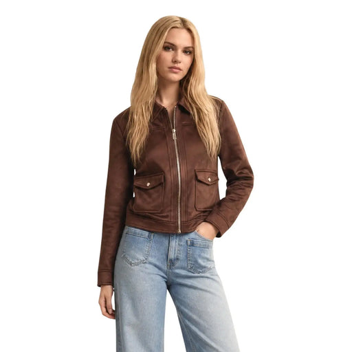 Morgan De Toi Veste de motard pour femme en similicuir marron avec fermeture éclair sur le devant et deux poches poitrine en polyester élasthanne