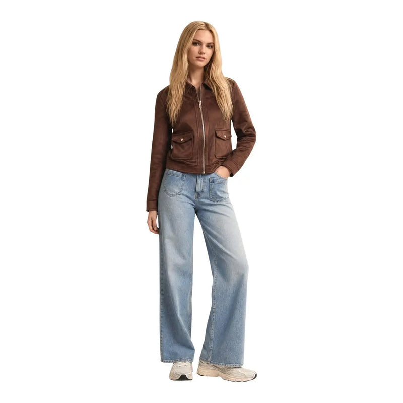 veste en cuir marron par morgan de toi avec fermeture éclair sur le devant et deux poches à rabat en polyester élasthanne