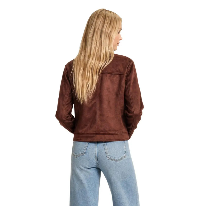 Veste de motard en daim marron à la coupe classique légèrement courte de Morgan De Toi fabriqué en polyester élasthanne
