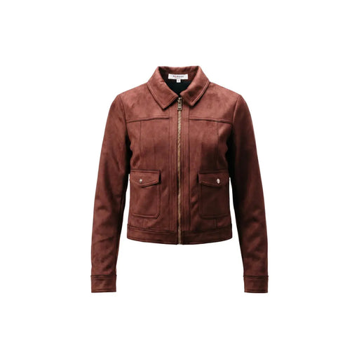 Morgan De Toi Veste de motard en daim marron pour femme, col, fermeture éclair sur le devant et deux poches à rabat, polyester élasthanne.