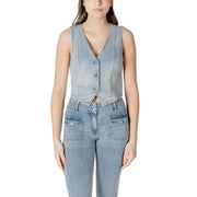 Morgan de toi Gilet sans manches en denim bleu clair mélangé coton pour femme, coupe ajustée, style corset, avec fermeture à boutons