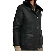 Morgan De Toi Veste en coton noir boutonnée pour femme, style parka, en similicuir noir avec col en fourrure douce et boutons argentés