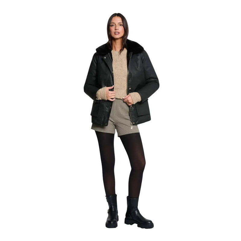 cuir noir morgan de toi Veste en coton pour femme, col doublé de fourrure douce et poignets côtelés à boutons
