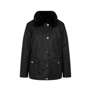 Morgan De Toi Veste en coton noir pour femme, imperméable, avec capuche doublée de fourrure douce et boutons argentés.