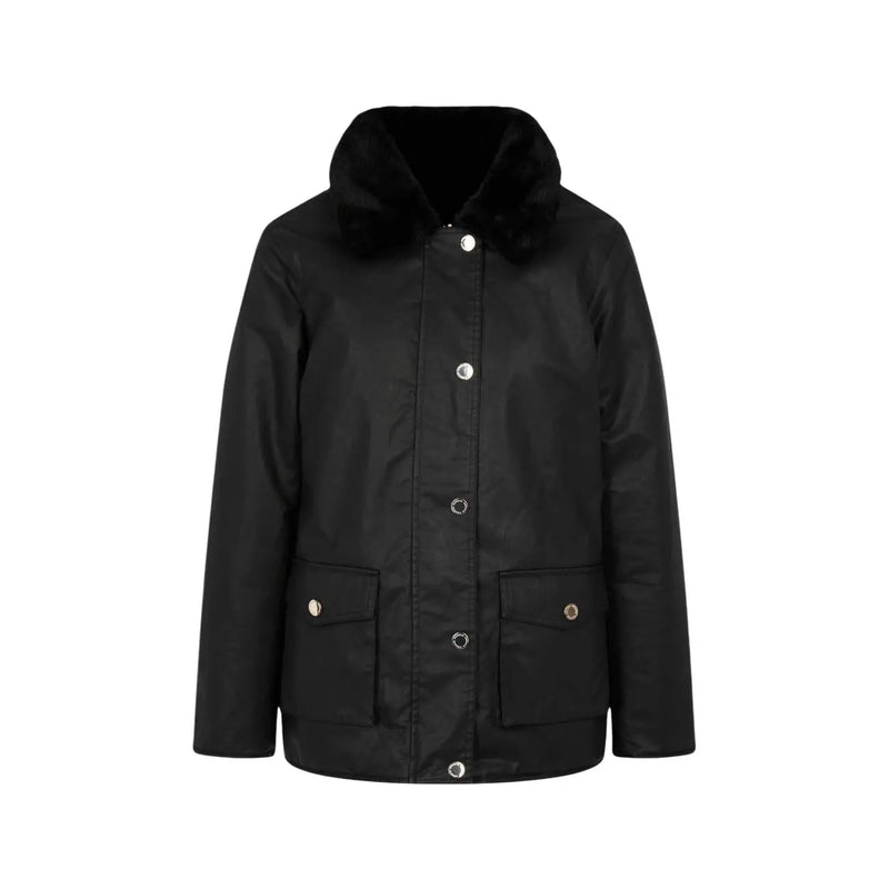 Morgan De Toi Veste en coton noir pour femme, imperméable, avec capuche doublée de fourrure douce et boutons argentés.