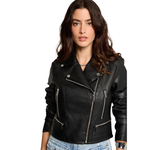 Morgan de toi Blazer femme en similicuir noir, polyuréthane, style blouson de motard, fermetures éclair argentées et boutons-pression.
