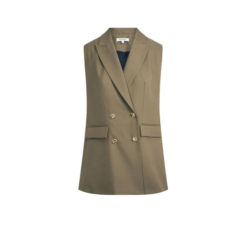 Morgan de toi Gilet vert pour femme, col en V, mélange de polyester, coupe ajustée, style blazer croisé avec boutons dorés
