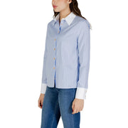 Morgan De Toi women light blue pinstripe button-down blouse with white collar and cuffs for a polished look