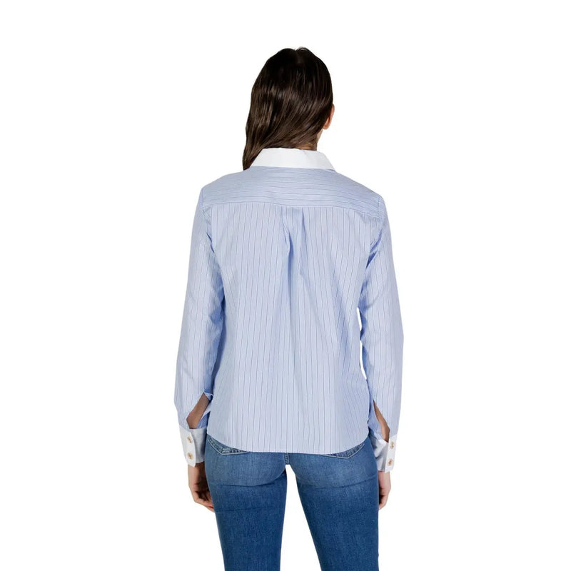 Morgan De Toi women light blue pinstripe long-sleeved button-up shirt with white collar and hooded design