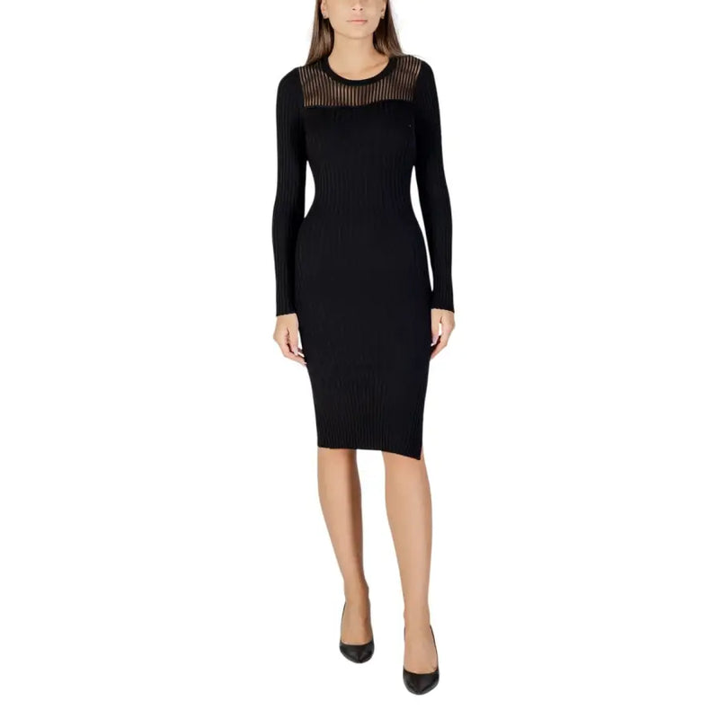 Morgan De Toi women’s long black ribbed knit midi dress with sheer mesh yoke