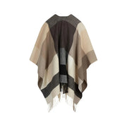 Beige gray and black checkered wool blend poncho with fringed edges complementing Morgan De Toi sleeveless polyester blazer