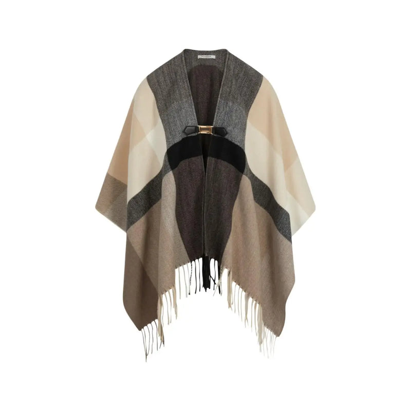 Morgan de toi women sleeveless beige polyester blazer with plaid woolen poncho featuring gold clasp and fringed edges
