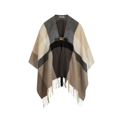 Morgan de toi Blazer beige sans manches en polyester pour femme, avec poncho en laine à carreaux orné d'une agrafe dorée et de franges.