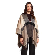 Beige and gray geometric-patterned woolen poncho with black belt buckle and fringe for women by morgan de toi