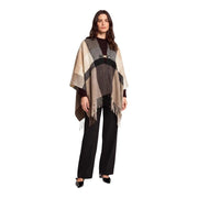 Beige and gray geometric-patterned woolen poncho with black belt detail and fringe trim by morgan de toi
