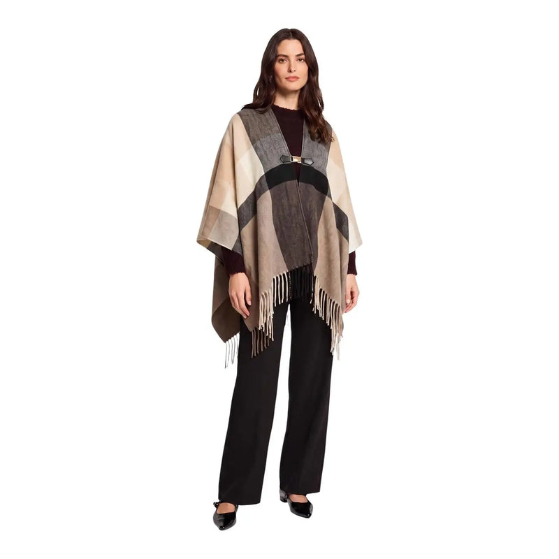 Beige and gray geometric-patterned woolen poncho with black belt detail and fringe trim by morgan de toi