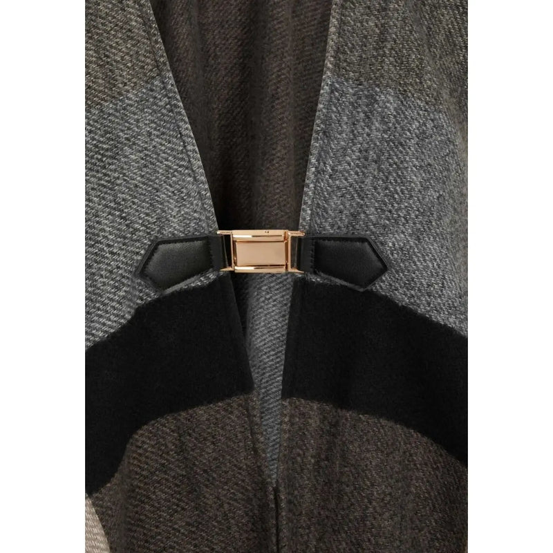 Morgan de toi women sleeveless beige polyester blazer with sleek gold metal buckle and black leather tabs on gray coat