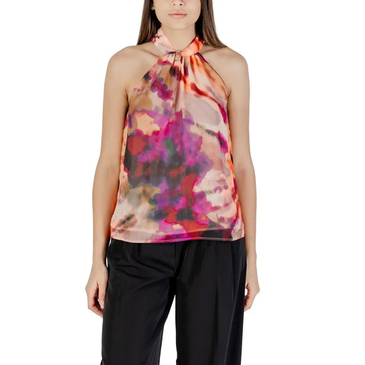 Morgan De Toi femme sans manches col rond violet top avec un imprimé floral abstrait vibrant sur un tissu transparent à col halter