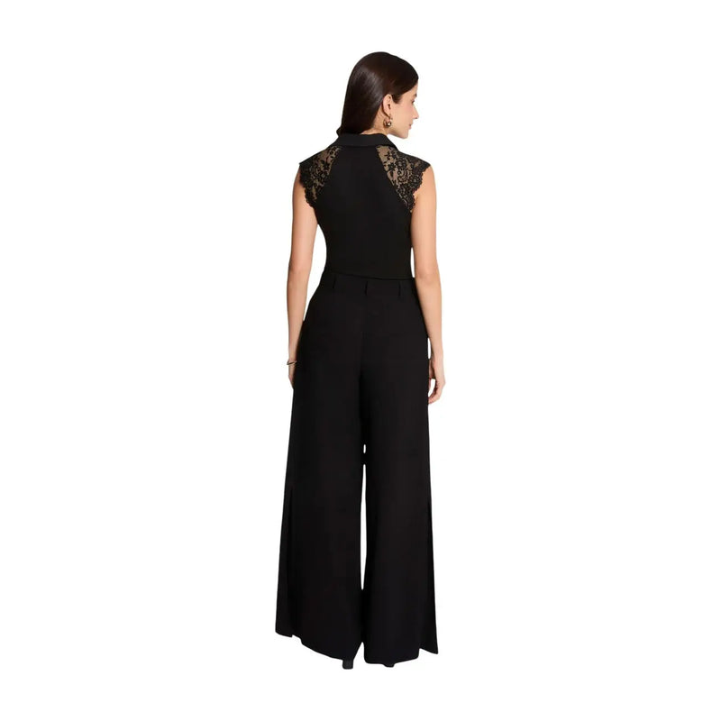 Morgan de toi Combinaison pantalon noire sans manches pour femme, ornée de dentelle, avec col rond et pantalon à jambes larges en tissu élégant
