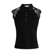 Morgan de toi Polo noir sans manches à col rond pour femme, orné de dentelle délicate aux épaules.