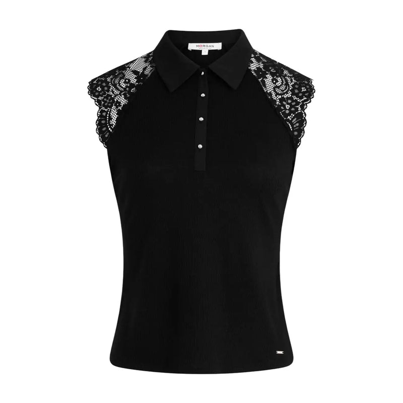 Morgan de toi Polo noir sans manches à col rond pour femme, orné de dentelle délicate aux épaules.