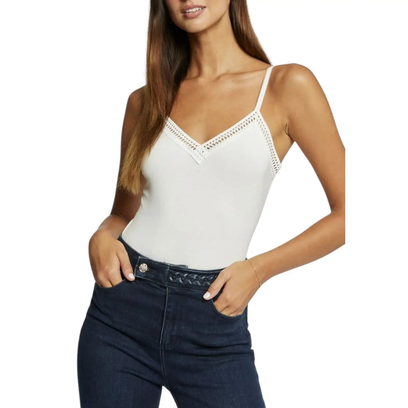 Morgan De Toi femmes tank top Robe blanche à col en V ornée d'une délicate dentelle, confectionnée en viscose et élasthanne.