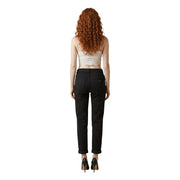 Pantalon noir taille haute à coupe ajustée et ourlets retroussés, porté avec un t-shirt blanc en polyamide à col V. morgan de toi top