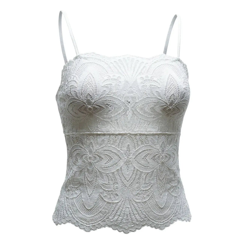 Morgan De Toi femmes top Robe en polyamide à fines bretelles blanches, col en V, ornée de motifs floraux et ourlet festonné.