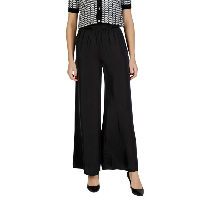 Morgan de toi Pantalon femme noir en polyester à jambes larges, en tissu fluide et lisse avec de discrets plis à la taille