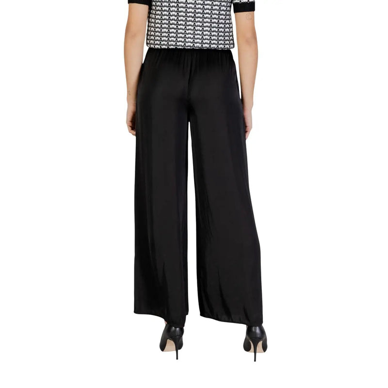 Morgan De Toi Pantalon femme noir en satin de polyester à jambes larges et taille haute, coupe fluide