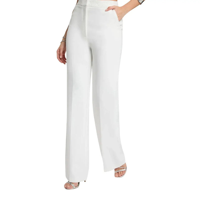 Morgan de toi Pantalon blanc taille haute à jambes larges pour femme, en tissu lisse, fermeture éclair sur le devant et poches