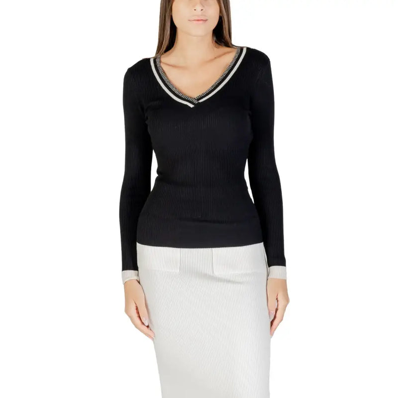 Black ribbed long-sleeve V-neck top with white and silver trim from Morgan De Toi for women