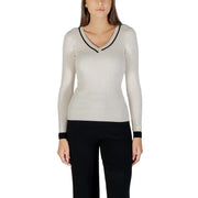 Ribbed cream long-sleeve V-neck top with black trim from Morgan De Toi Women V Neck Sweater