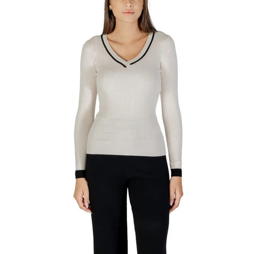 Ribbed cream long-sleeve V-neck top with black trim from Morgan De Toi Women V Neck Sweater