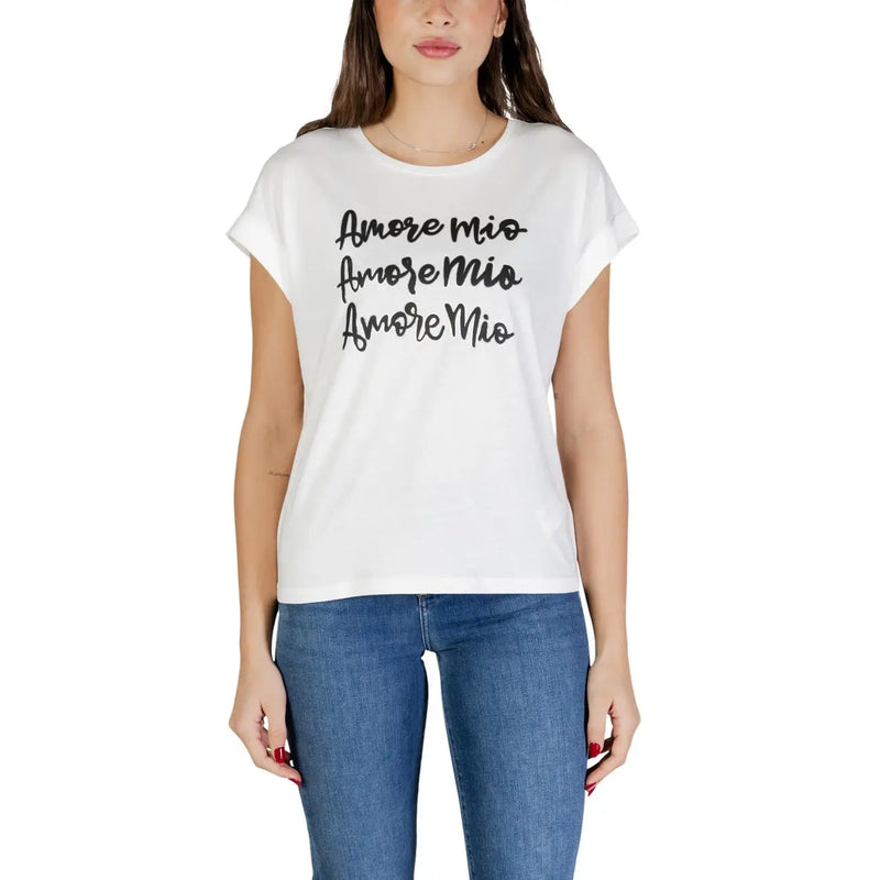 Morgan De Toi T-shirt blanc en coton modal pour femme, col rond, avec inscription « amore mio » en écriture cursive noire sur la poitrine