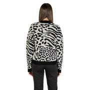 Morgan de toi Pull en maille pour femme à imprimé léopard blanc, avec col rond et poignets côtelés.