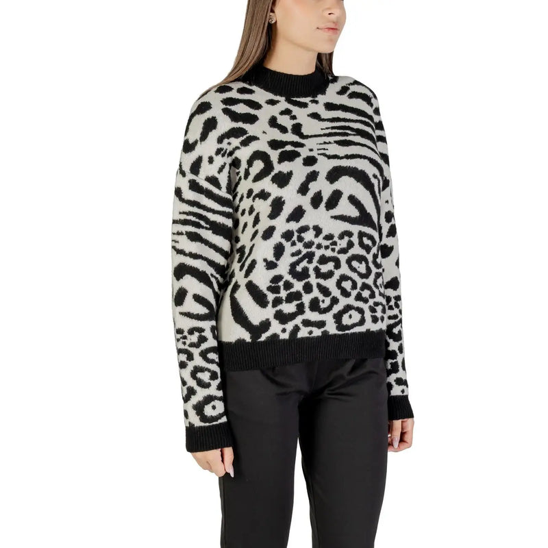 Morgan De Toi Pull en maille pour femme à imprimé léopard blanc, avec col rond, poignets et ourlet côtelés.