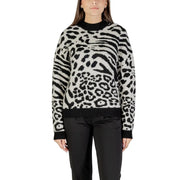 Morgan De Toi Pull en maille pour femme à imprimé léopard blanc, orné d'un motif animalier noir et blanc, avec col montant et poignets côtelés.
