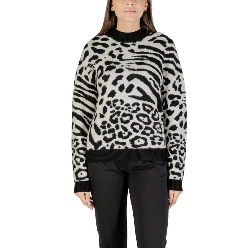 Morgan De Toi Pull en maille pour femme à imprimé léopard blanc, orné d'un motif animalier noir et blanc, avec col montant et poignets côtelés.