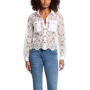 Morgan de toi women white long sleeve polyester shirt with floral lace patterns and solid white chest pockets